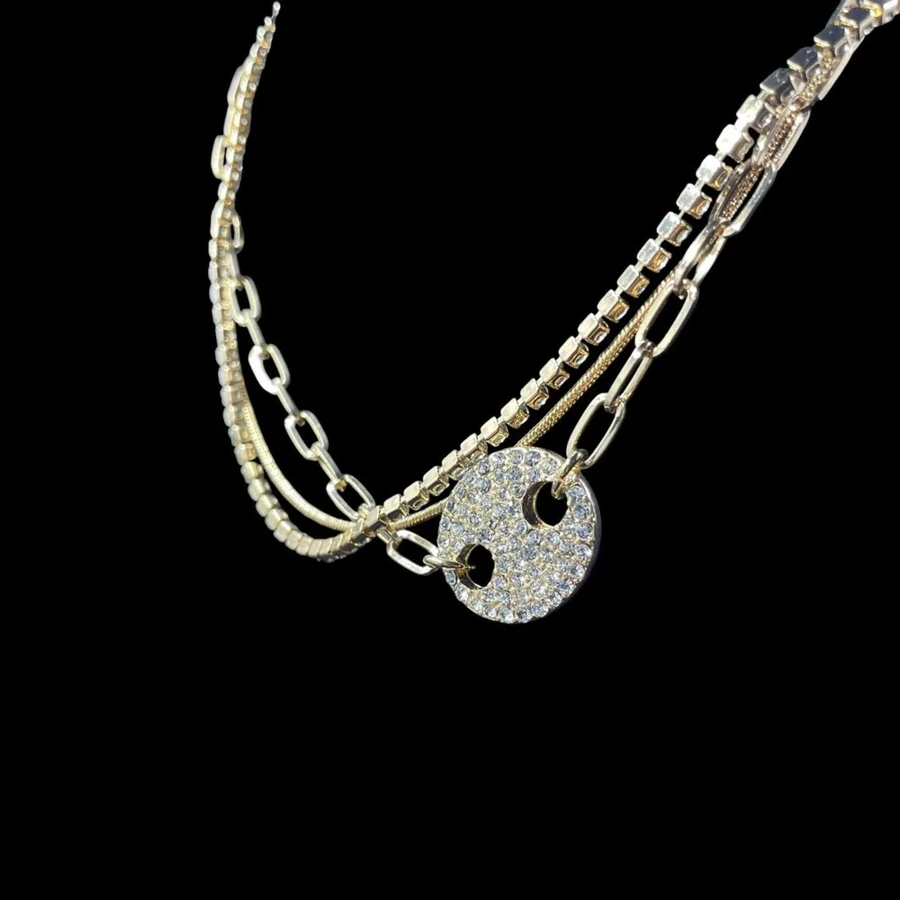 Layered Gold Chain Necklace Crystal Yin Yang Pendant Statement‎ Y2K Glam Jewelry